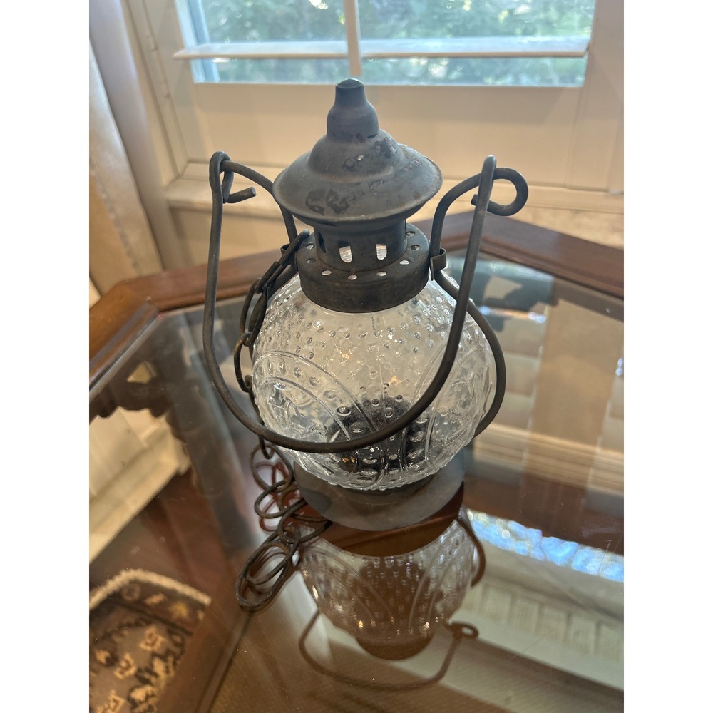 Vintage Hobnail Glass Hanging Lantern Rustic Metal Frame Industrial Decor 10in